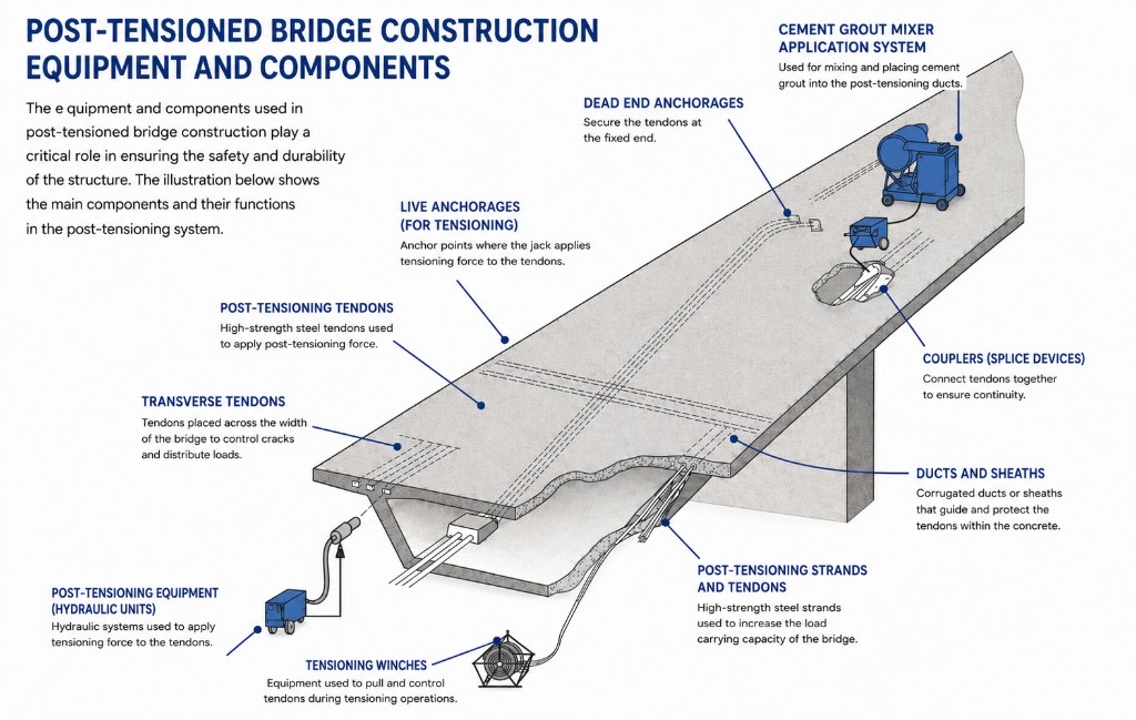 Post-tensioned bridge construction equipment and components diagram