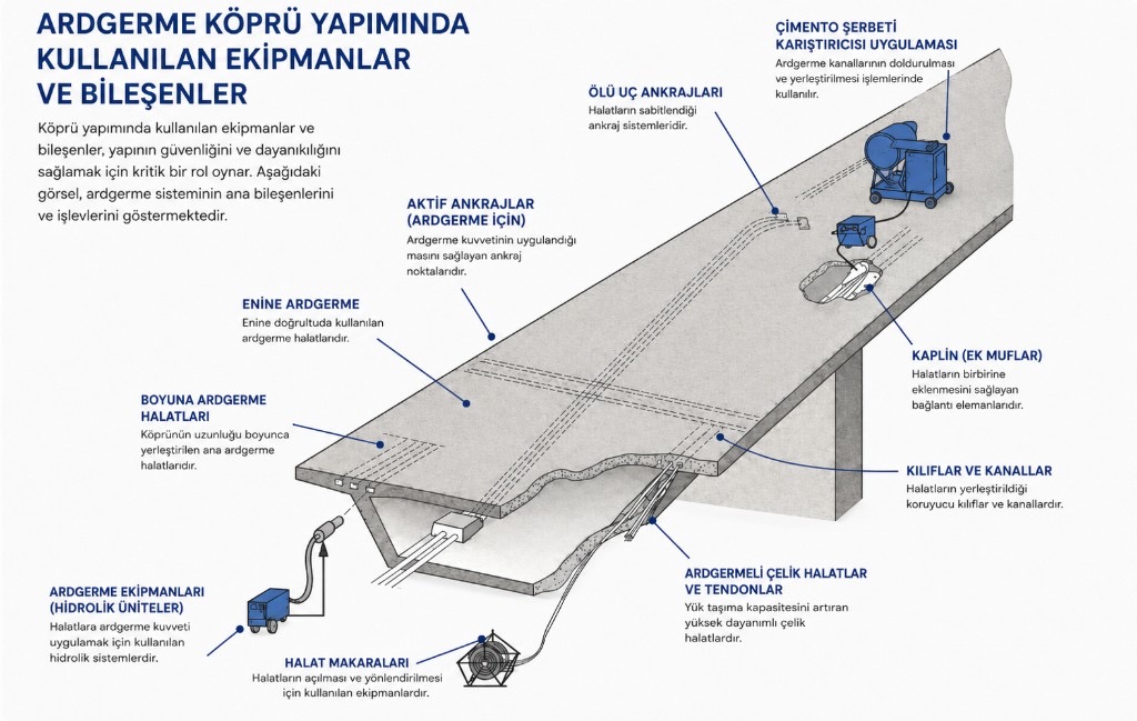 Ardgerme köprü yapımında kullanılan ekipmanlar ve bileşenler şeması